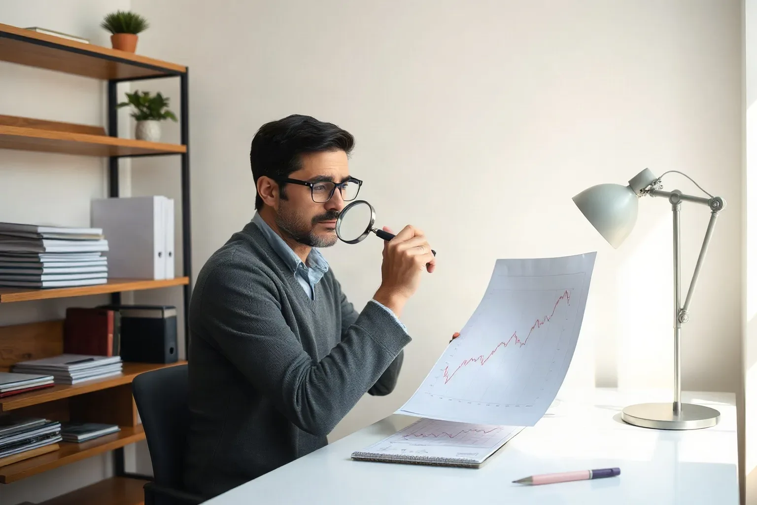A small-business owner seated at a single-desk workspace holding a magnifying glass over a printed line-chart report and tracing a specific trend line with a fingertip while stacked ring-bound notebooks are stowed on the shelving unit to one side