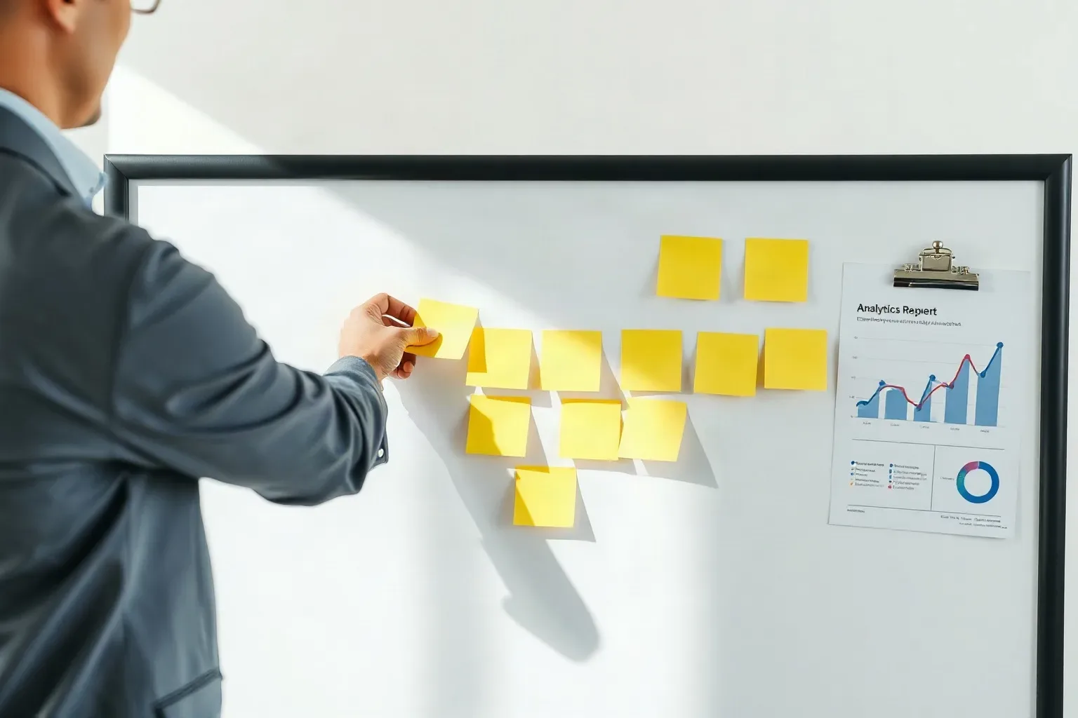 A person in a grey jacket places yellow sticky notes onto a whiteboard beside an analytics report with charts