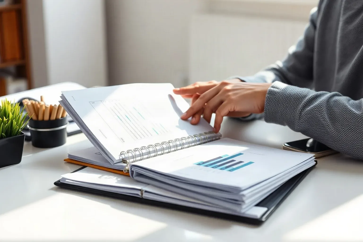 A small-business owner at a focused desk workspace pulling a ring-bound notebook from the middle of a stack and opening it to a tabbed section while a printed bar-chart report is spread across the desk in front of them