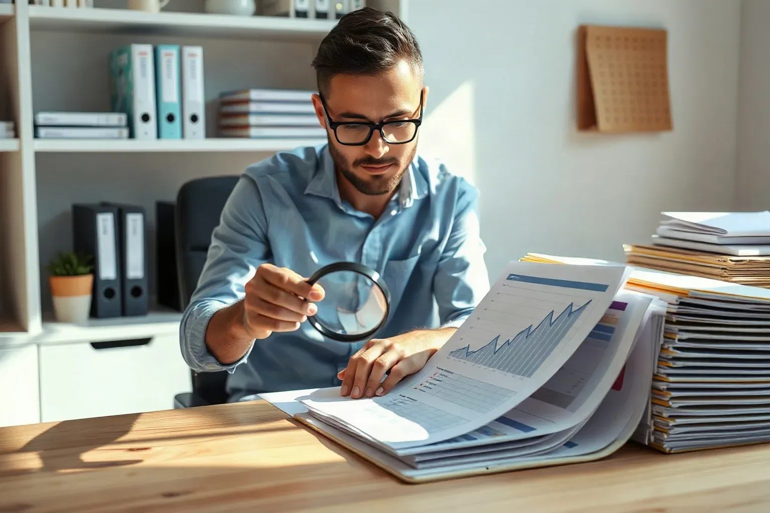 A marketing professional seated at a shelved workspace sliding a magnifying glass across the surface of a printed analytics report to examine a line-chart detail while tabbed folder dividers are fanned across the far corner of the desk