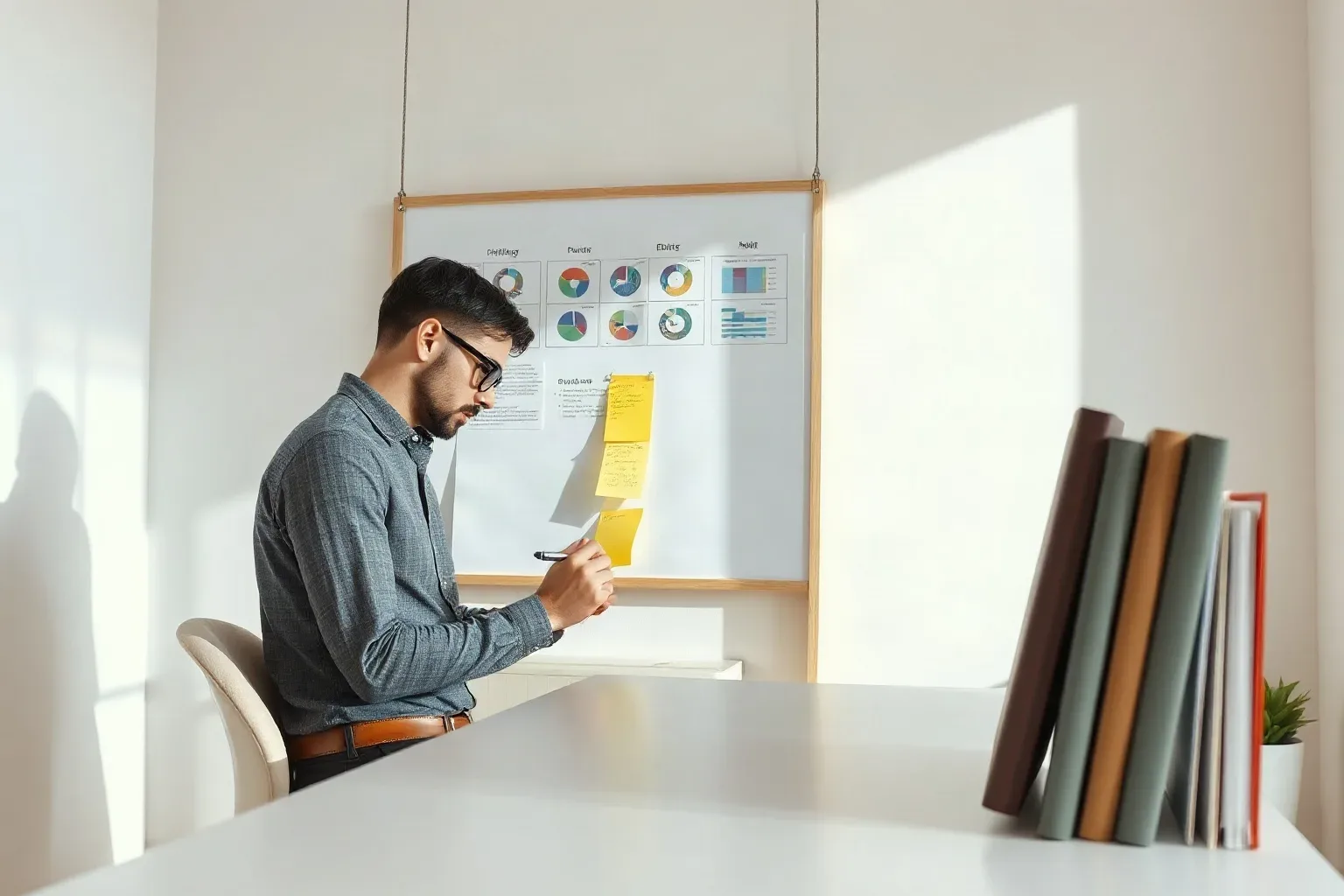A small-business owner at a single-desk workspace writing directly onto a sticky note and smoothing it onto a planning board beneath a pinned printed report while a column of ring-bound notebooks stands at the desk edge