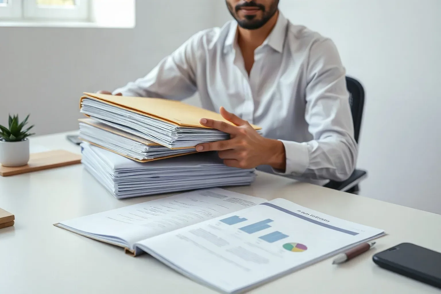 A person in a white shirt sits at a desk holding a large stack of documents and folders, with an open report showing bar and pie charts in the foreground