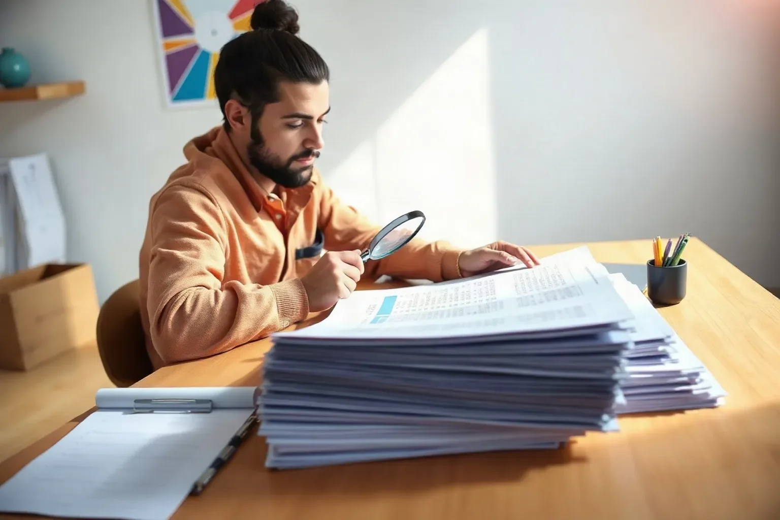 A small-business owner seated at a focused desk workspace pressing a magnifying glass over a printed report column that shows local-intent query data while tabbed folders are spread open around the desk perimeter