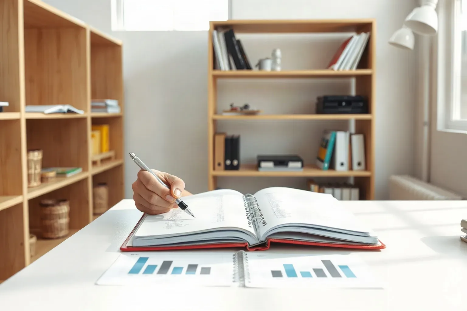 A marketing professional at a shelved workspace laying a ring-bound notebook open to a keyword-list page and running a pen down the entries while a printed bar-chart report is positioned parallel to the notebook on the desk