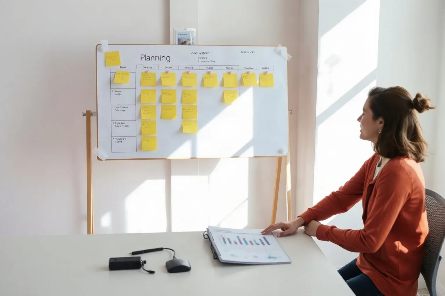 A person in an orange jacket sits at a white desk reviewing a chart-filled document, facing a whiteboard covered in yellow sticky notes arranged in a grid