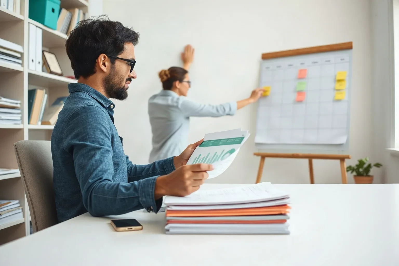 A small-business owner at a shelved workspace pulling a printed analytics report from a pile of tabbed folders and opening it across the desk while reaching behind to detach a sticky note from the planning board for repositioning