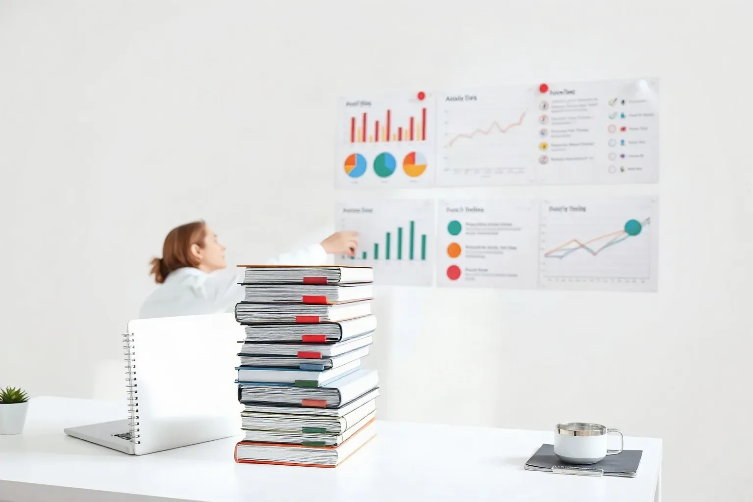A person points at a wall-mounted display covered in colourful charts and graphs, beside a desk stacked high with tabbed books and notebooks