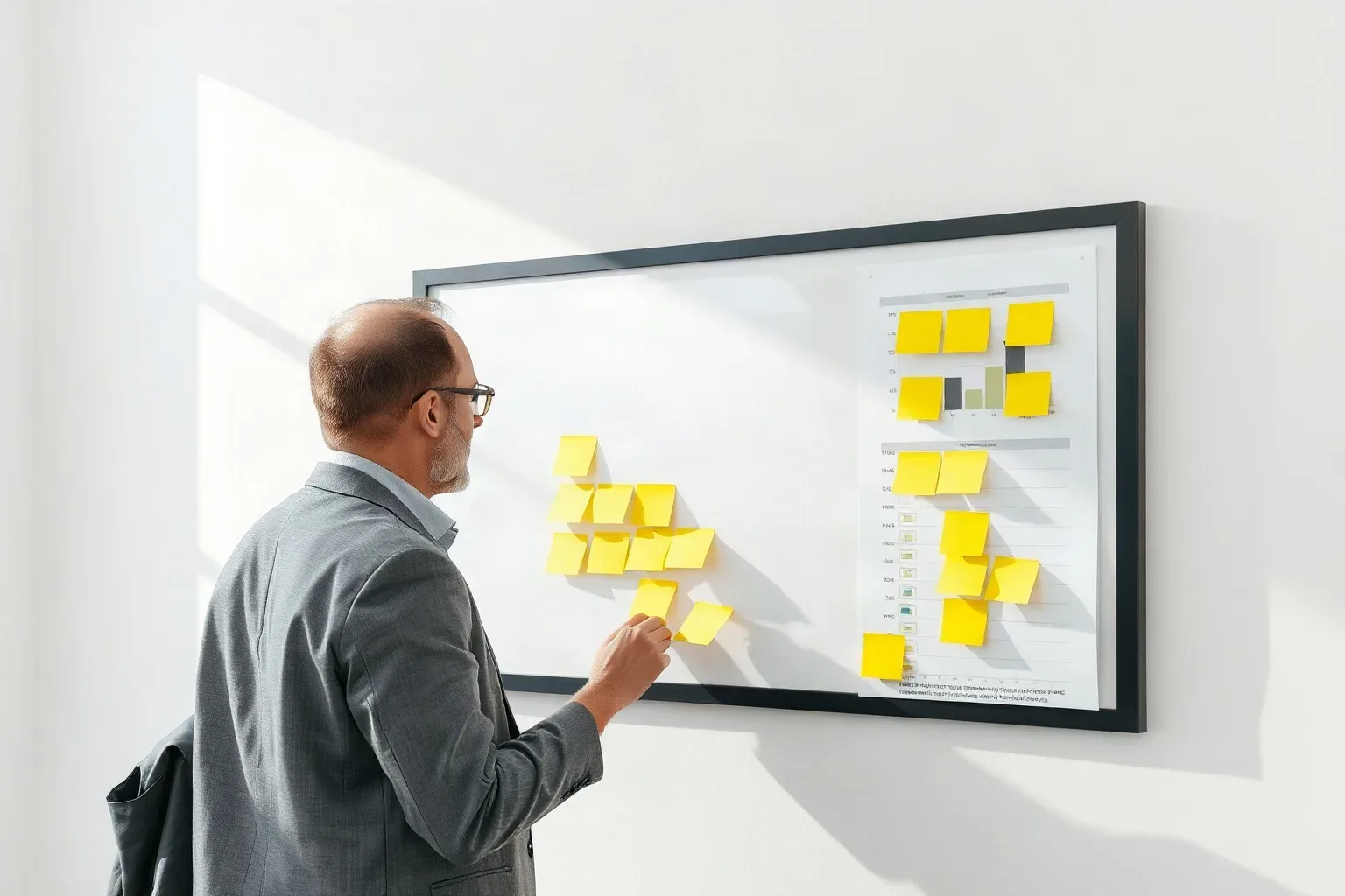 A person in a grey suit places a yellow sticky note onto a whiteboard covered with clusters of sticky notes and printed charts