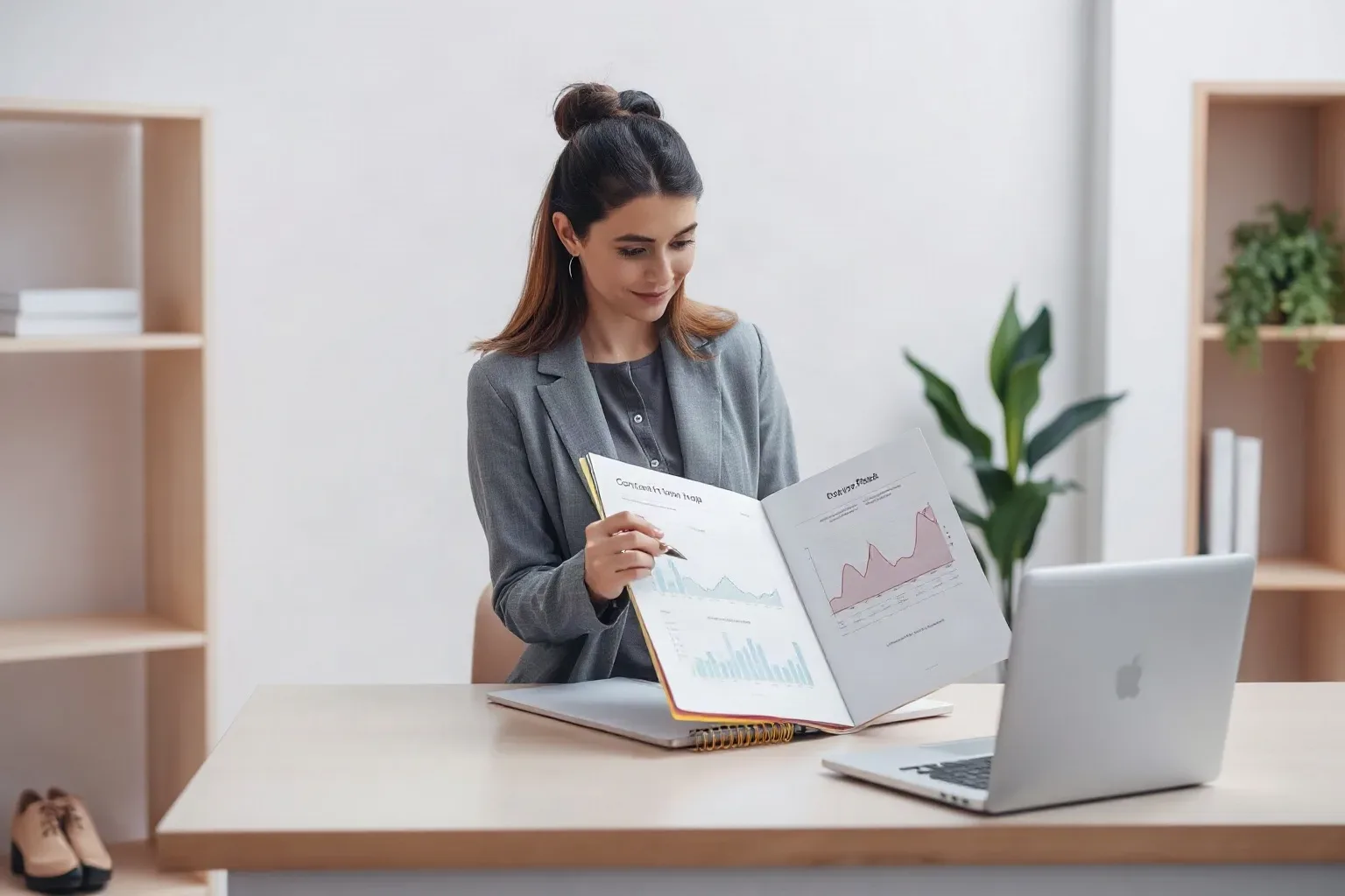 A marketing professional at a shelved single-desk workspace sliding a tabbed folder across the desk and opening it to compare a hand-drawn content map against a printed analytics report's keyword figures