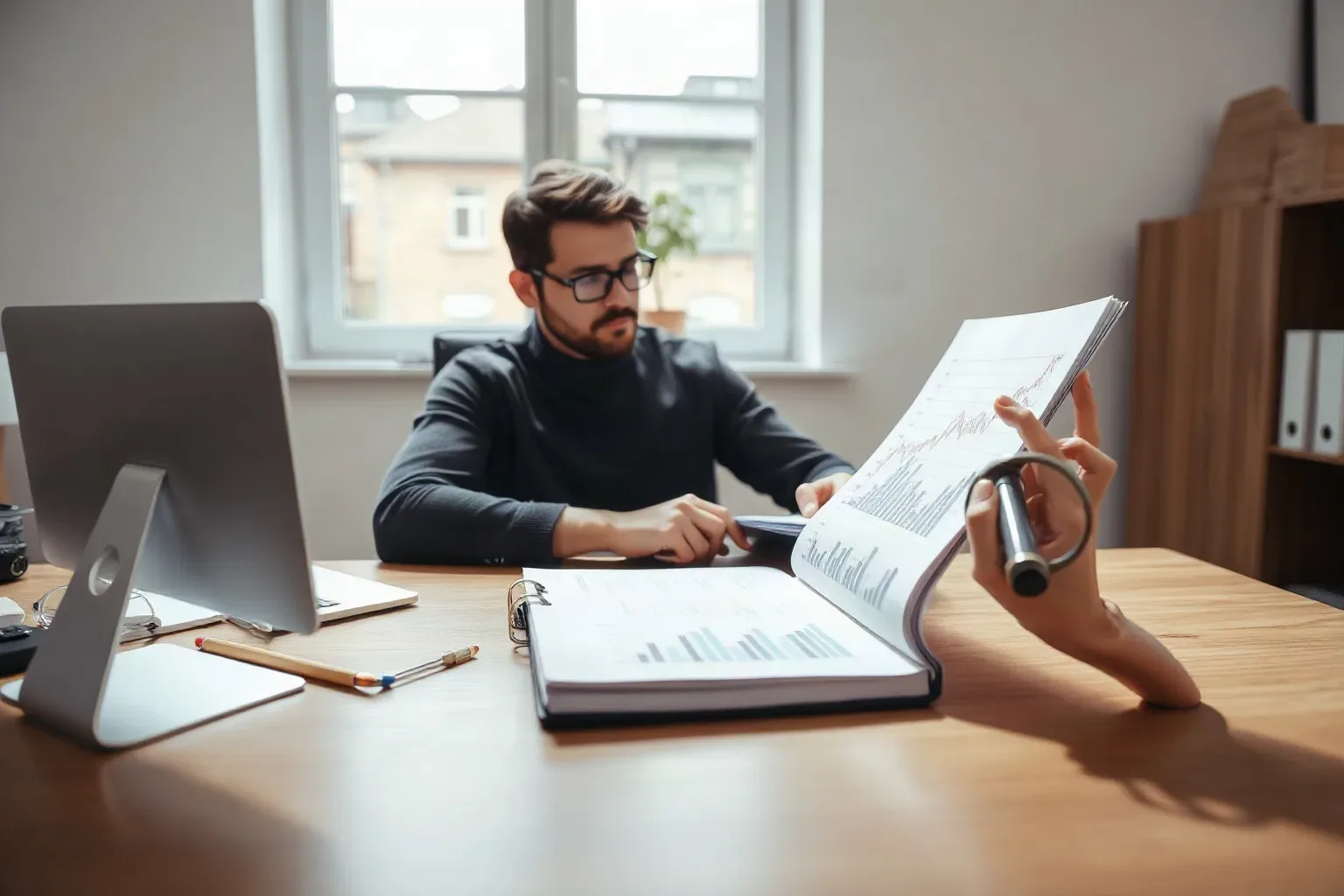 A small-business owner seated at a focused desk workspace working through a ring-bound notebook step-by-step and placing a magnifying glass over each line of a printed analytics report to confirm a corresponding figure