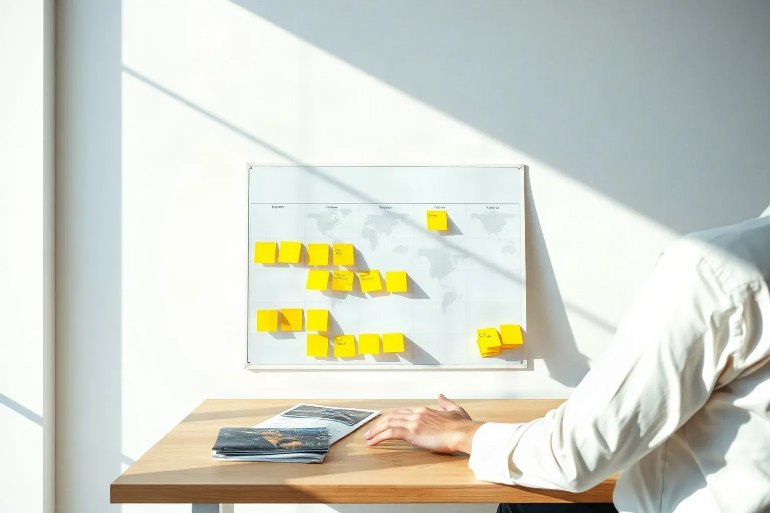 A person in a white shirt leans over a wooden desk beside a whiteboard covered in yellow sticky notes arranged in clusters