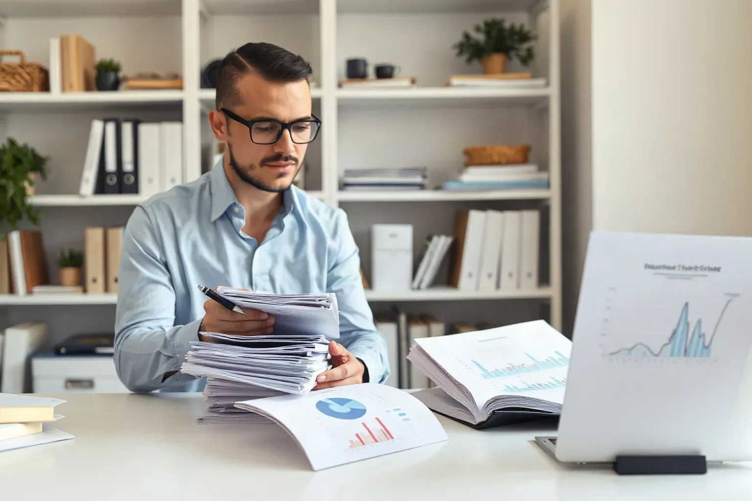 A person wearing glasses sits at a desk reviewing a large stack of documents covered in charts and graphs, with an open report and a laptop beside them in a tidy office with shelving behind