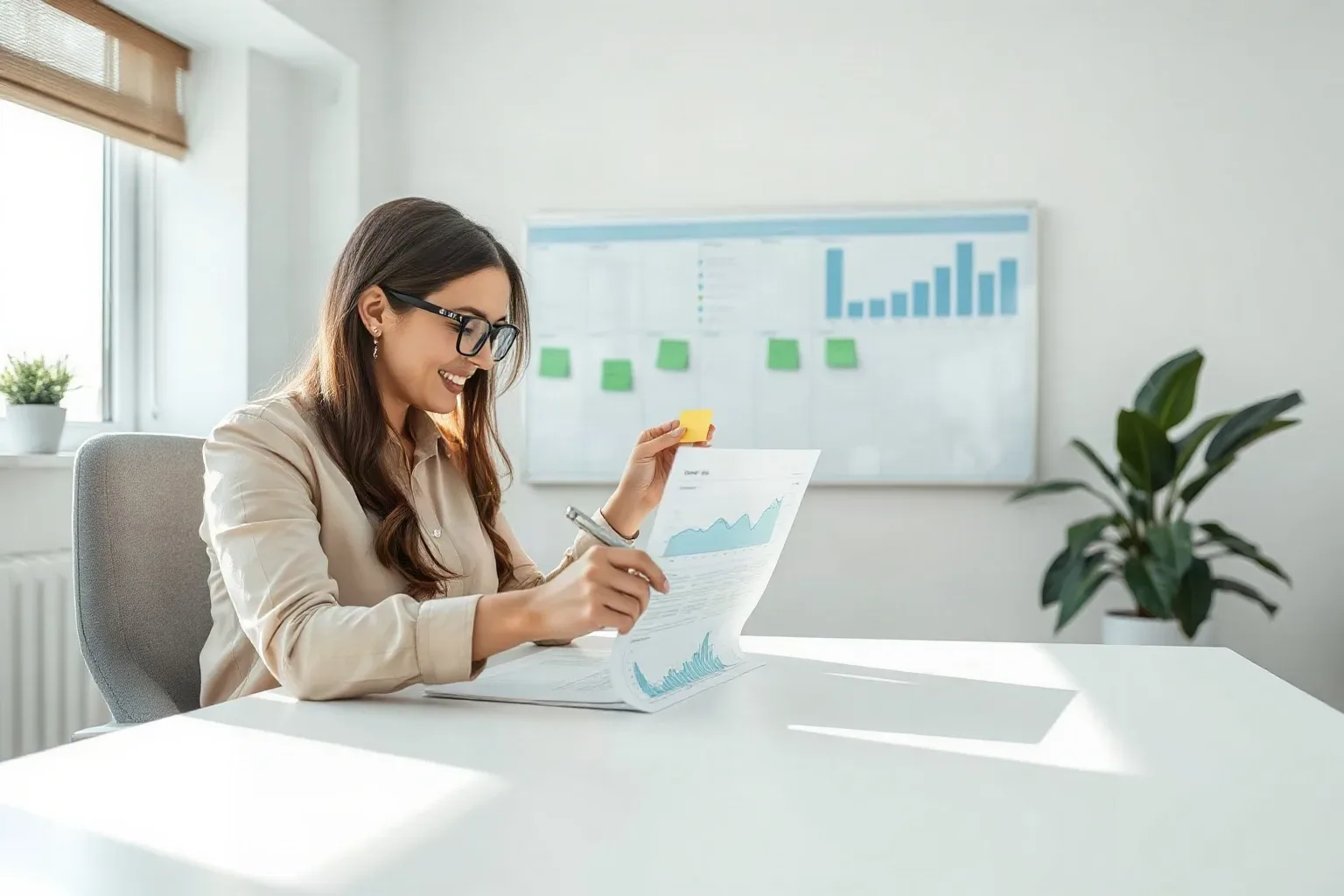 A marketing professional at a focused single-desk workspace setting a magnifying glass down on a printed analytics report and turning to write a summary note on a sticky note before pressing it onto the planning board behind them