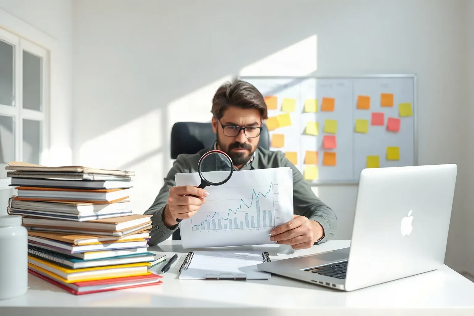 A small-business owner at a single-desk workspace pressing a magnifying glass onto a printed line-chart report and tracing a trend with a fingertip while a stack of ring-bound notebooks is arranged to one side and sticky notes cover the planning board behind