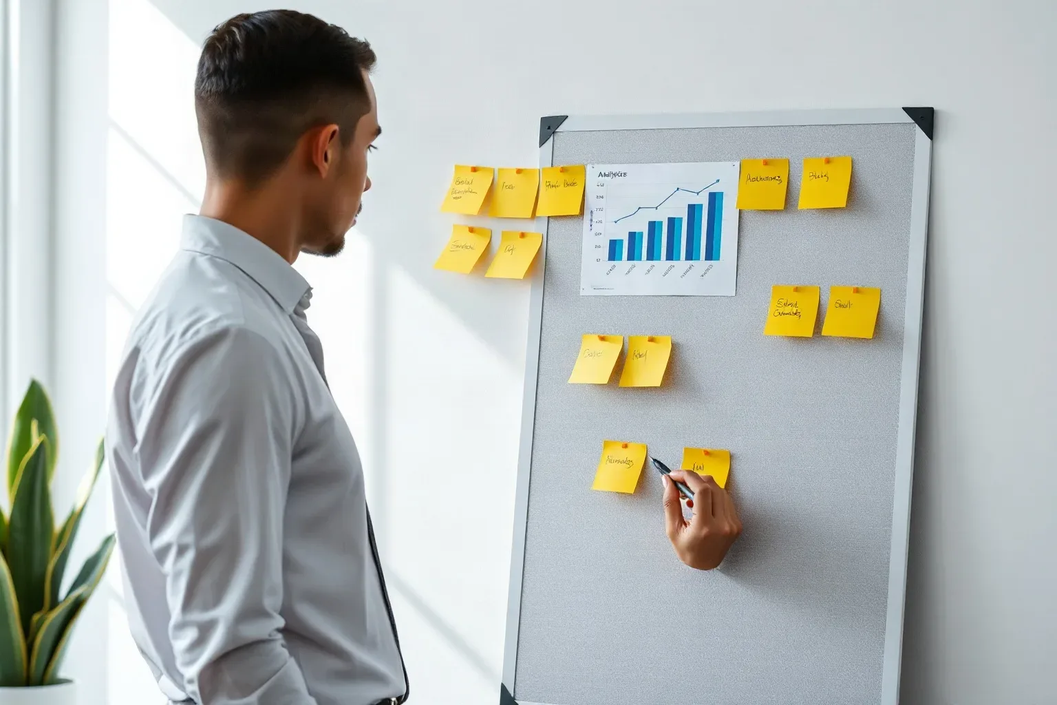 A person wearing a shirt writes on a sticky note on a cork planning board covered in yellow sticky notes and a printed bar and line chart