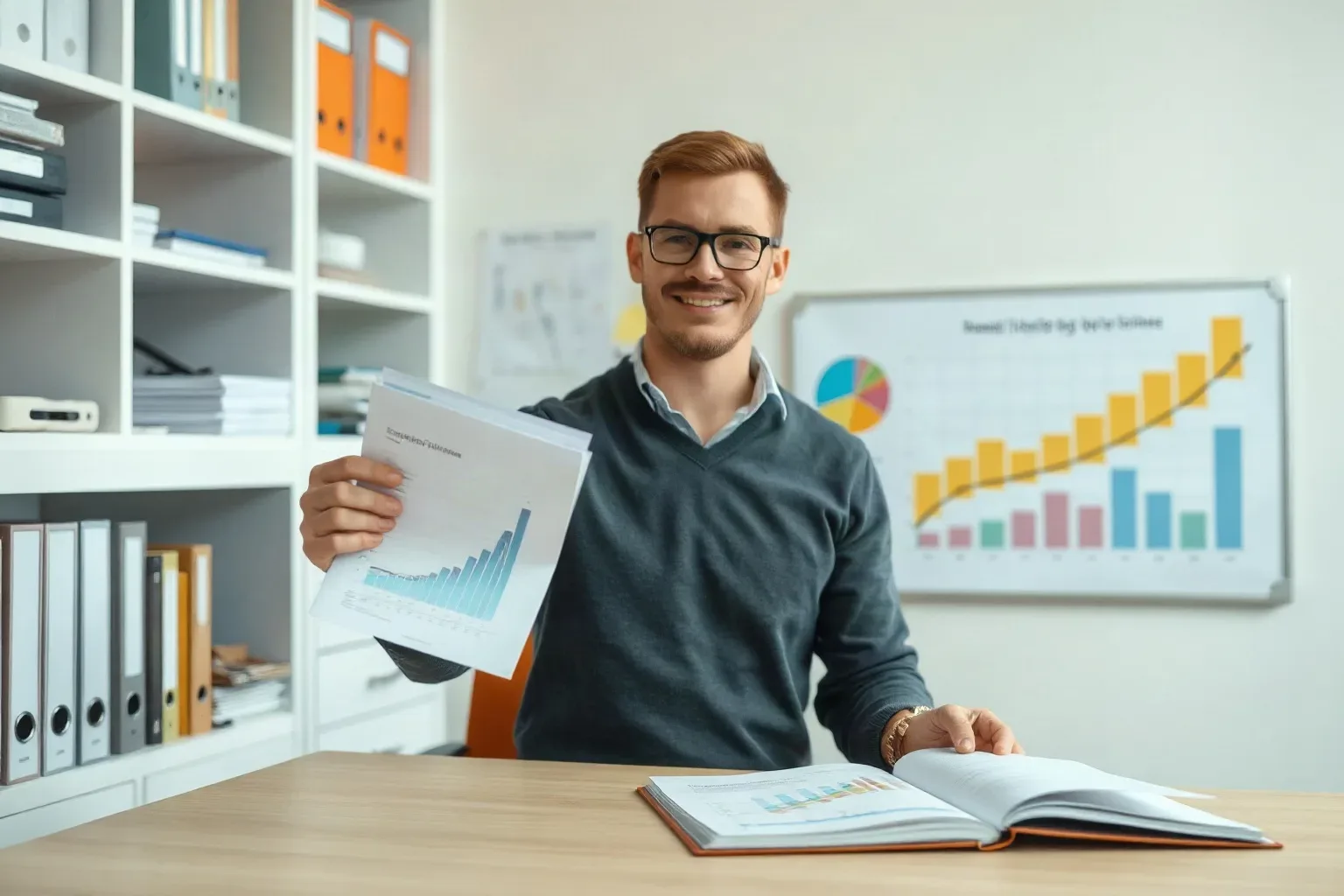 A small-business owner at a shelved workspace pulling a tabbed folder from the shelving unit and holding it open beside a printed bar-chart report spread on the desk while the planning board in the background shows colour-coded note clusters