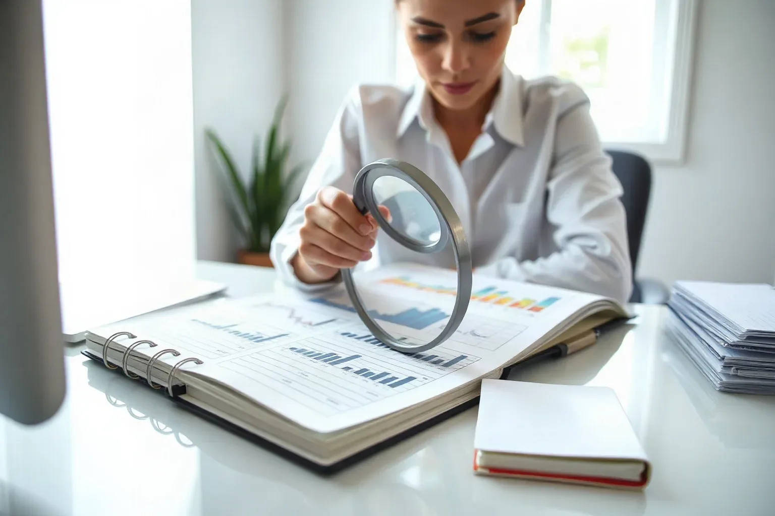 A marketing professional seated at a focused desk workspace resting a magnifying glass on a dense section of a printed analytics report while a ring-bound notebook lies open to a hand-annotated page beside the report and tabbed folders are stacked at the desk edge