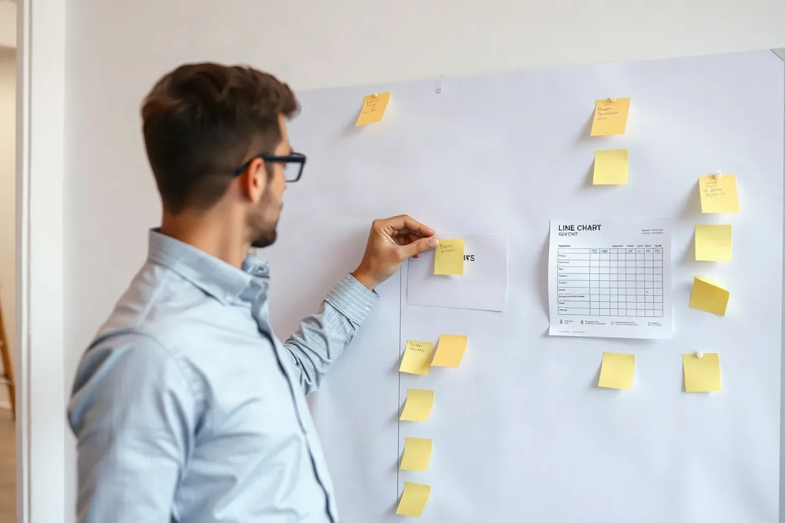 A person wearing glasses places a sticky note onto a large white board covered in sticky notes and printed documents