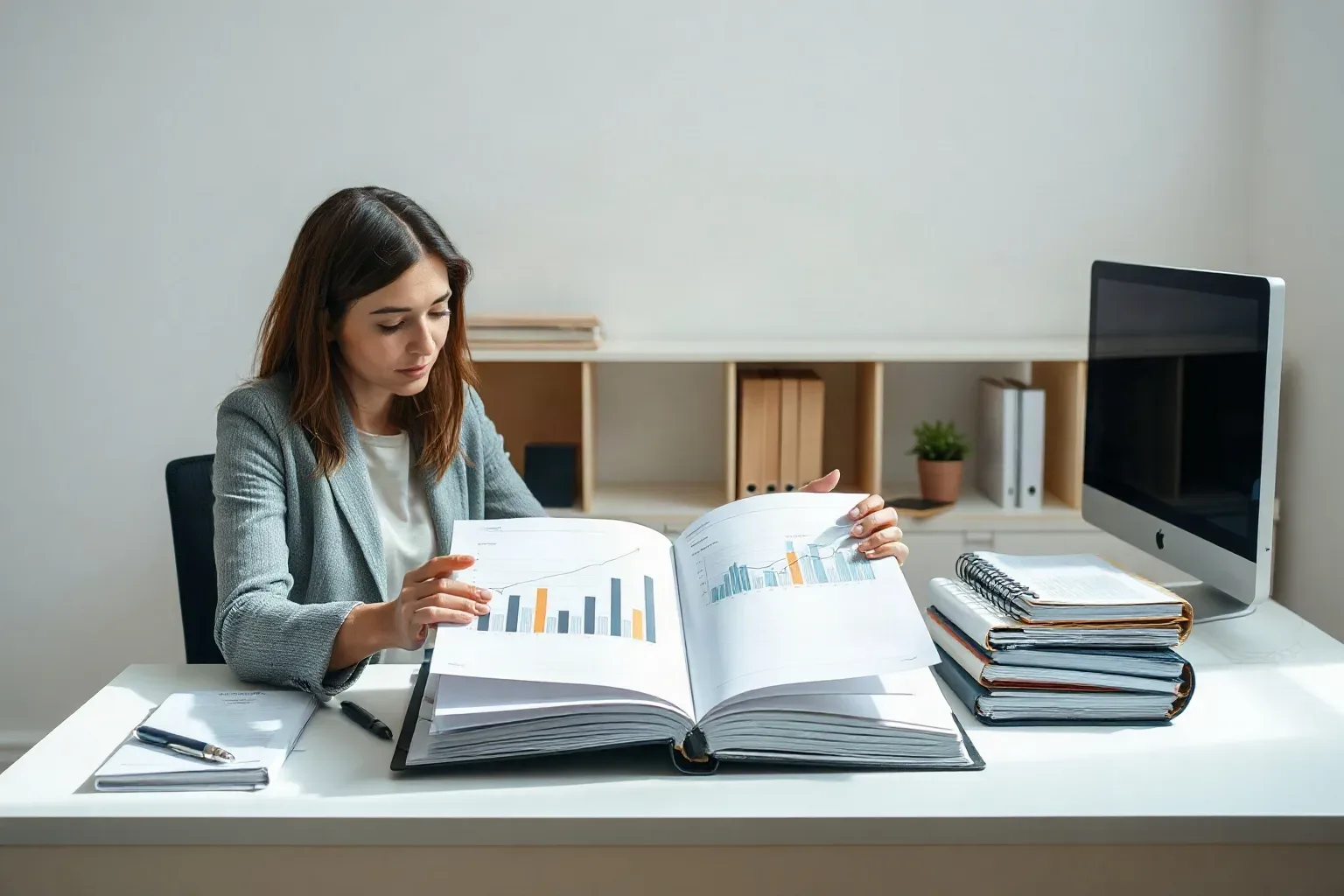 A marketing professional at a single-desk workspace spreading two tabbed folders open side by side across the desk and comparing their contents with a printed analytics report bearing bar charts held in one hand while ring-bound notebooks are stacked beside the desk