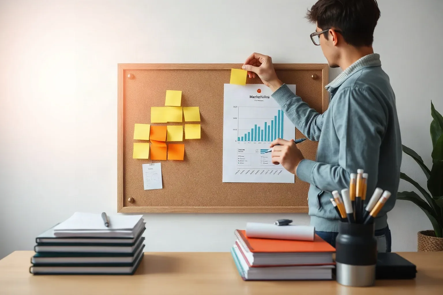 A marketing professional standing at a pinboard and adding a freshly written sticky note to a cluster arranged around a pinned printed bar-chart report while a stack of ring-bound notebooks sits on the desk below