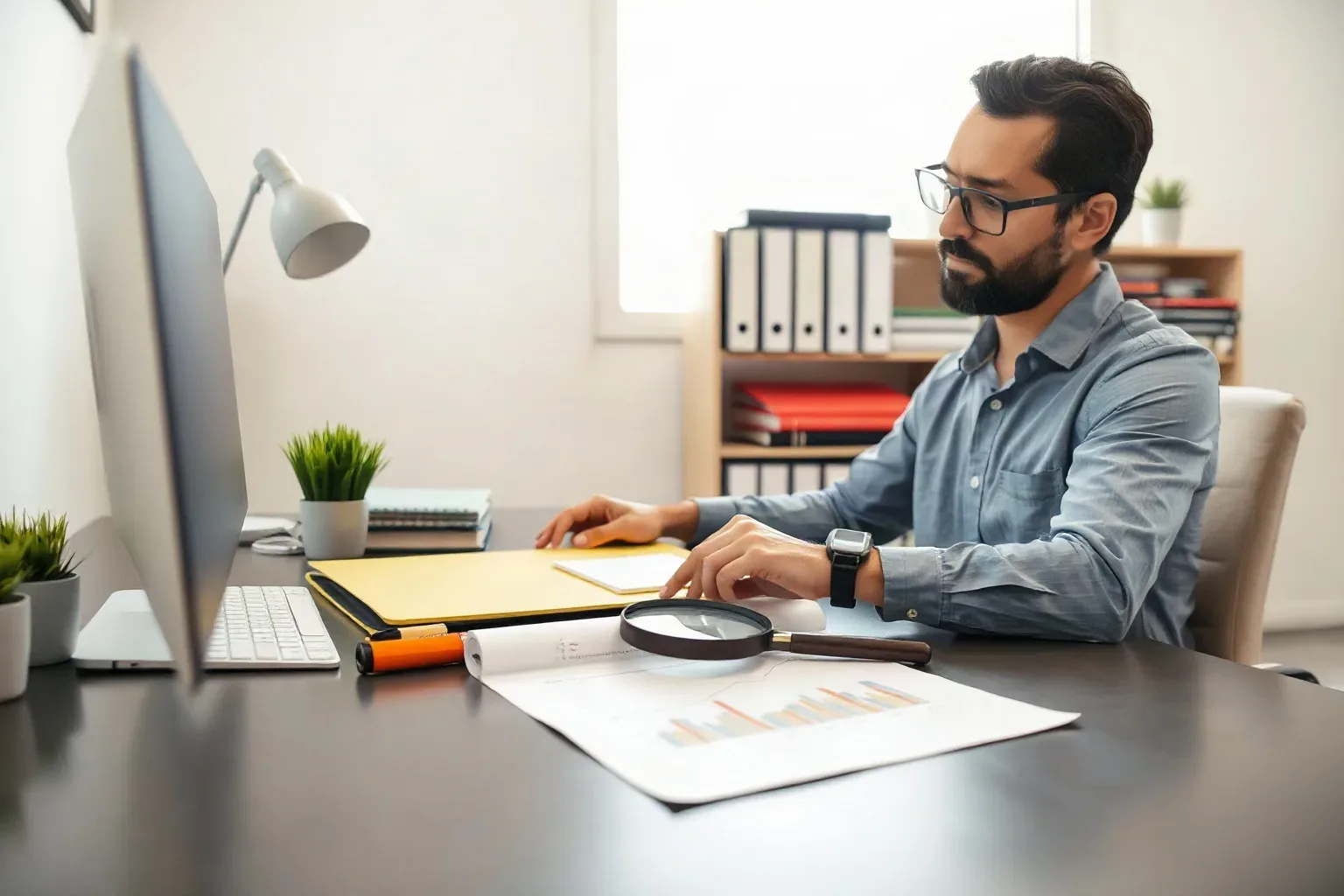 A small-business owner at a focused desk workspace opening a tabbed folder flat on the desk and setting a magnifying glass onto a line-chart section of a printed analytics report lying beside it while the shelving unit in the background holds further notebooks