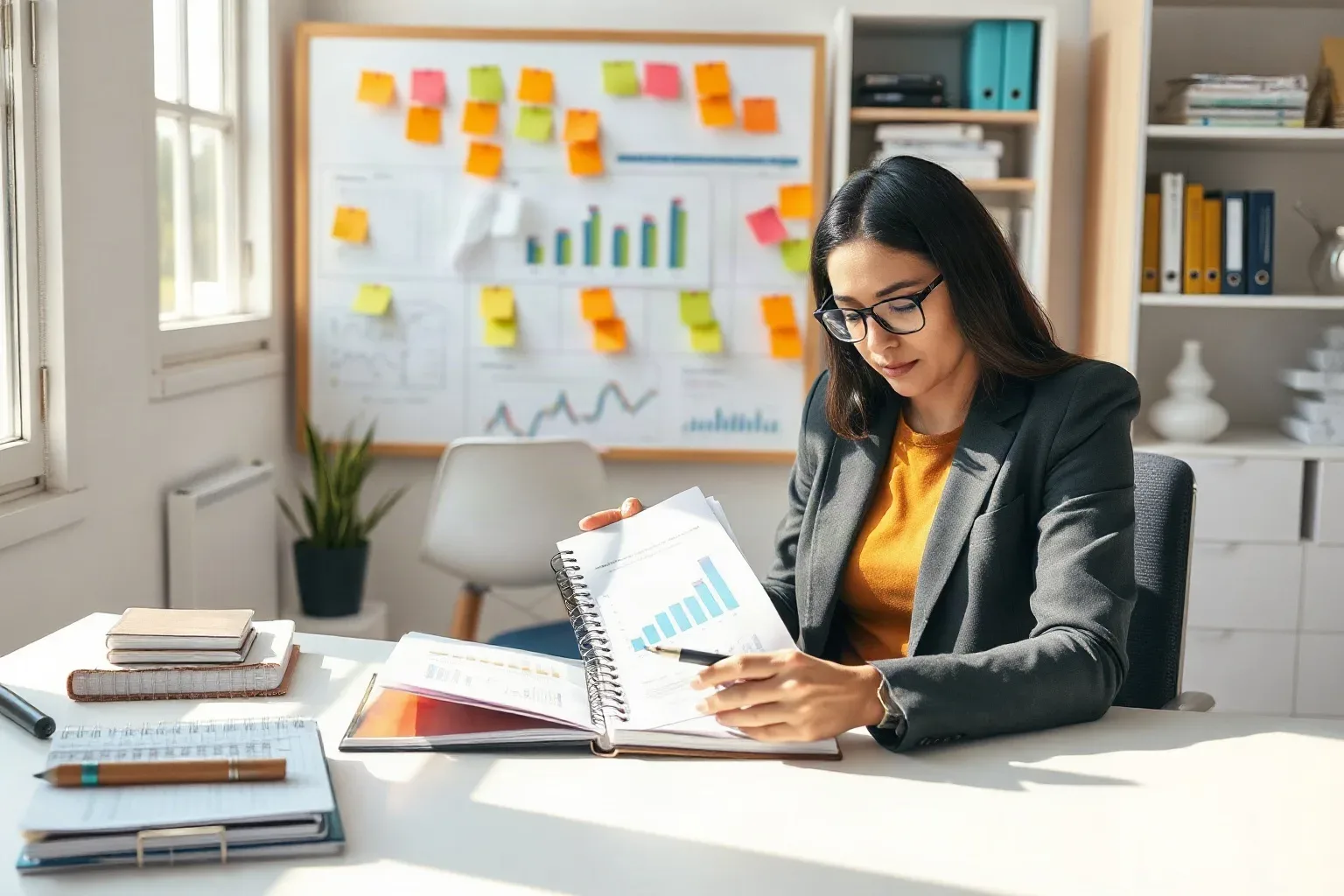 A marketing professional seated at a shelved workspace lifting a ring-bound notebook and annotating a page while a printed bar-chart report is spread open at the centre of the desk and sticky notes are clustered on the planning board above