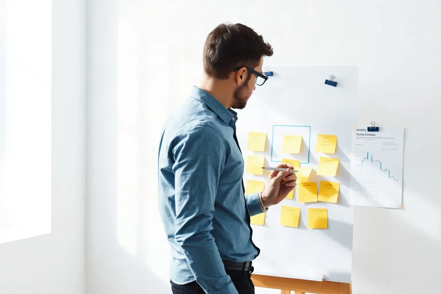 A person wearing glasses and a blue shirt writes on yellow sticky notes arranged on a whiteboard, holding a pen