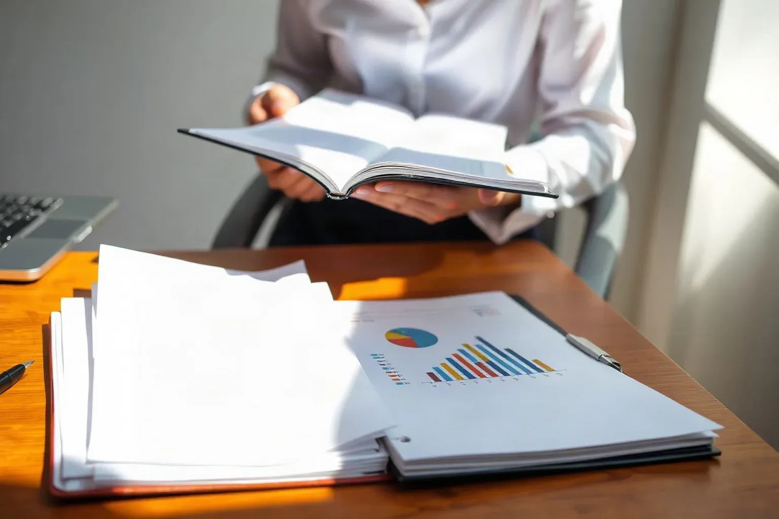 A marketing professional at a single-desk workspace holding two pages of a ring-bound notebook open and pressing a fingertip against a figure in a printed analytics report spread beside it while tabbed folder dividers are fanned across the desk corner