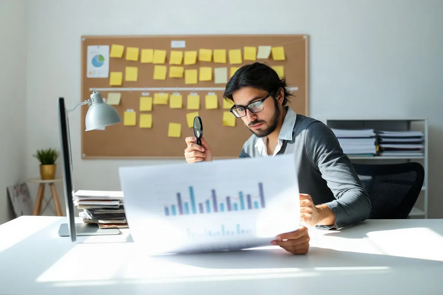 A small-business owner at a focused desk workspace resting a magnifying glass on a printed line-chart report and turning slightly to pull a tabbed folder from the stack on the shelving unit while sticky notes fill the board behind the desk