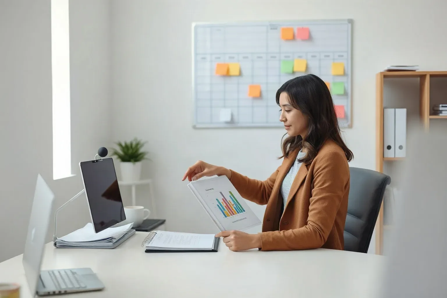 A small-business owner at a single-desk workspace pressing a fingertip onto a specific bar within a printed bar-chart report and reaching toward a tabbed folder on the shelving unit beside the desk while sticky notes fill the planning board overhead