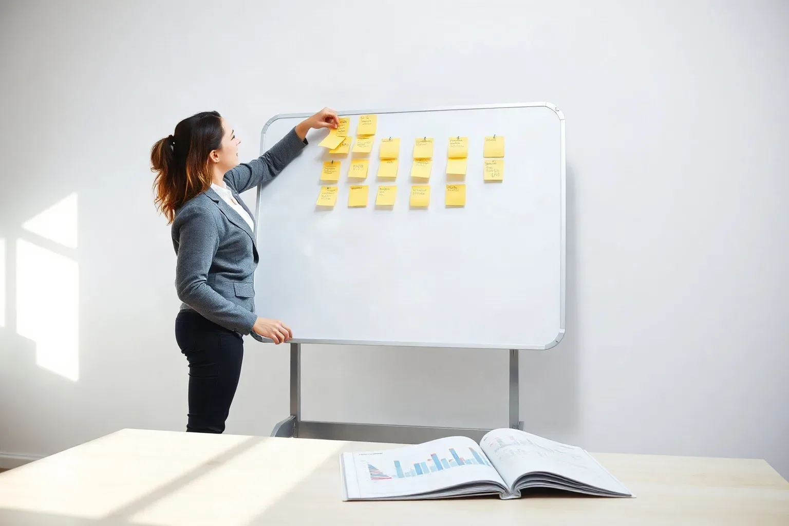 A person in a grey blazer arranges yellow sticky notes in columns on a large whiteboard, with an open report showing charts on a table nearby
