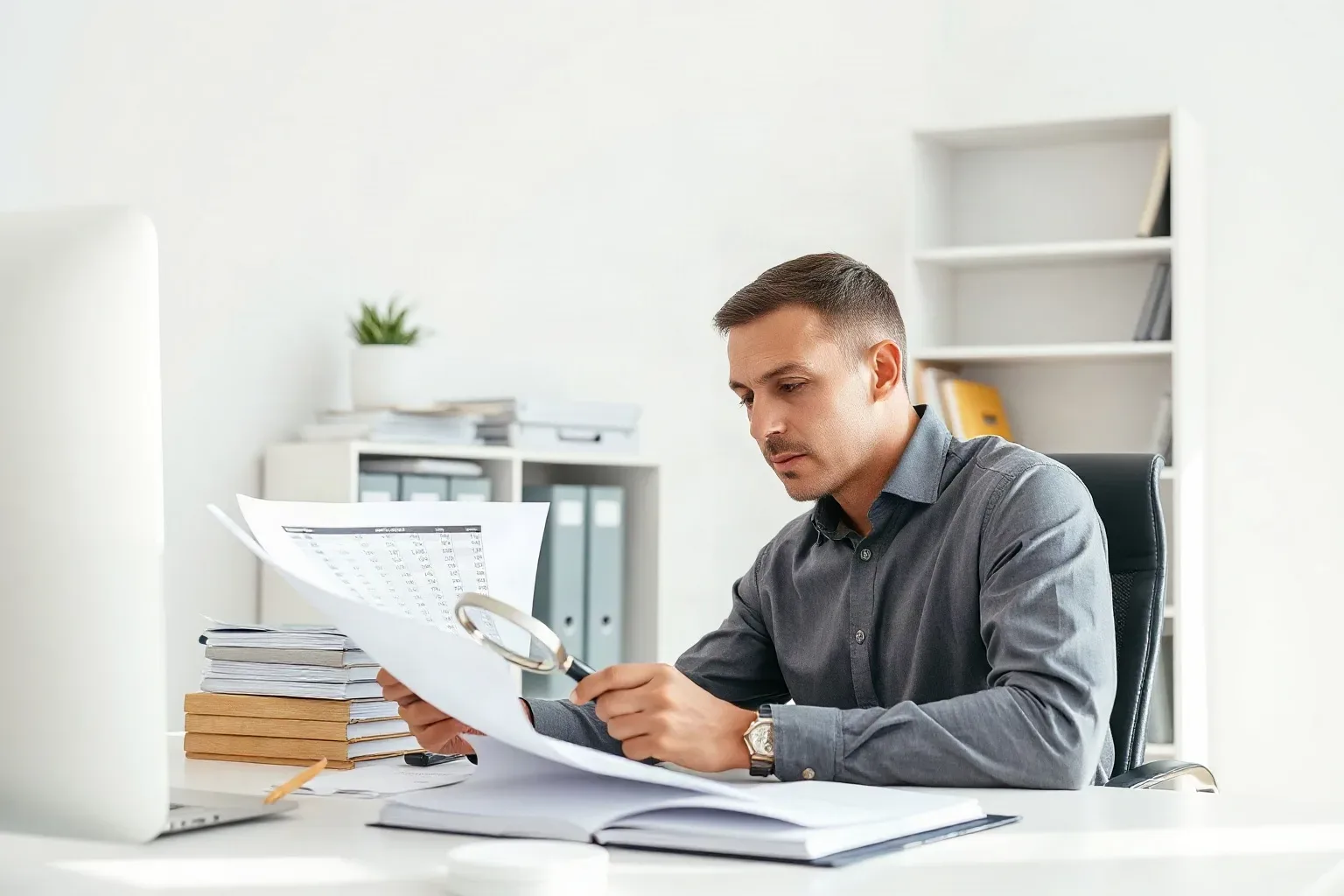 A small-business owner seated at a focused desk workspace using a magnifying glass to examine a dense row of figures on a printed line-chart report while stacked ring-bound notebooks line the shelving unit directly behind