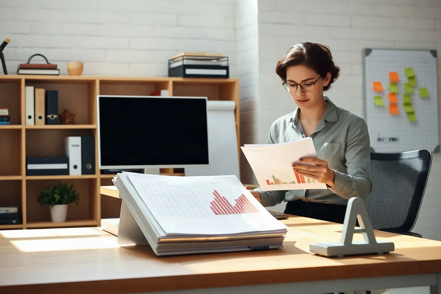 A marketing professional at a shelved office workspace spreading tabbed folder contents across the desk and comparing entries with a printed bar-chart report held open in the other hand while a planning board with sticky notes is visible in the background