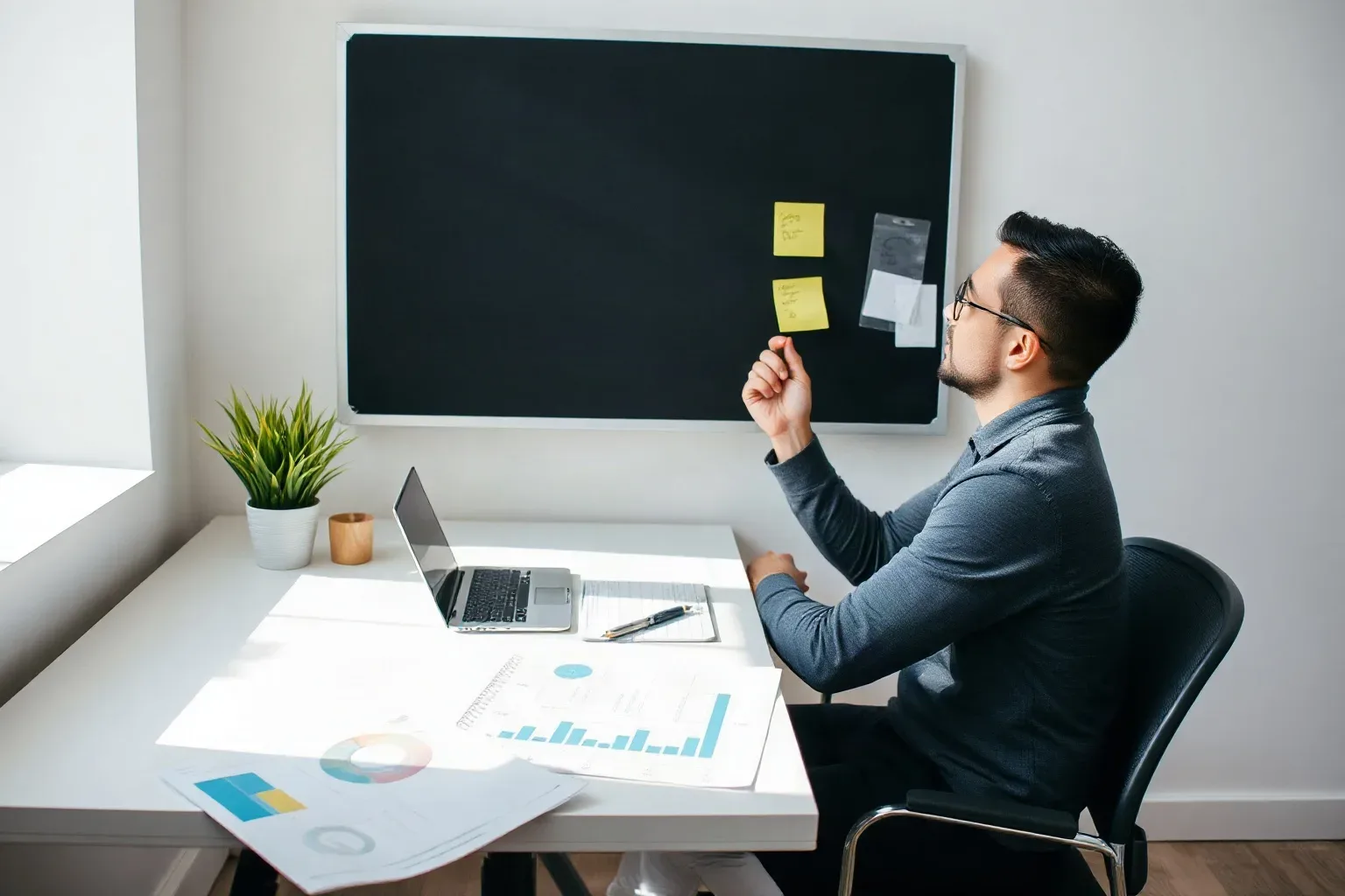 A small-business owner at a single-desk workspace writing a label on a fresh sticky note and smoothing it into a new position on the planning board while a printed analytics report bearing circled bar-chart data lies on the desk below