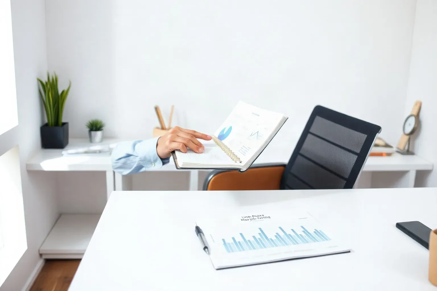 A person points at charts in a ring-bound notebook beside a desk holding a printed bar-chart report, a pen, and a smartphone, in a tidy white office