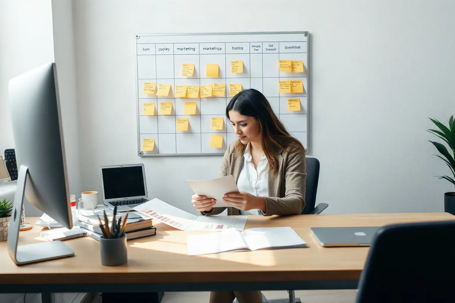 A marketing professional at a focused desk workspace opening a tabbed folder and comparing its contents with a printed bar-chart report laid flat beside it while sticky notes in labelled clusters fill the planning board on the wall overhead