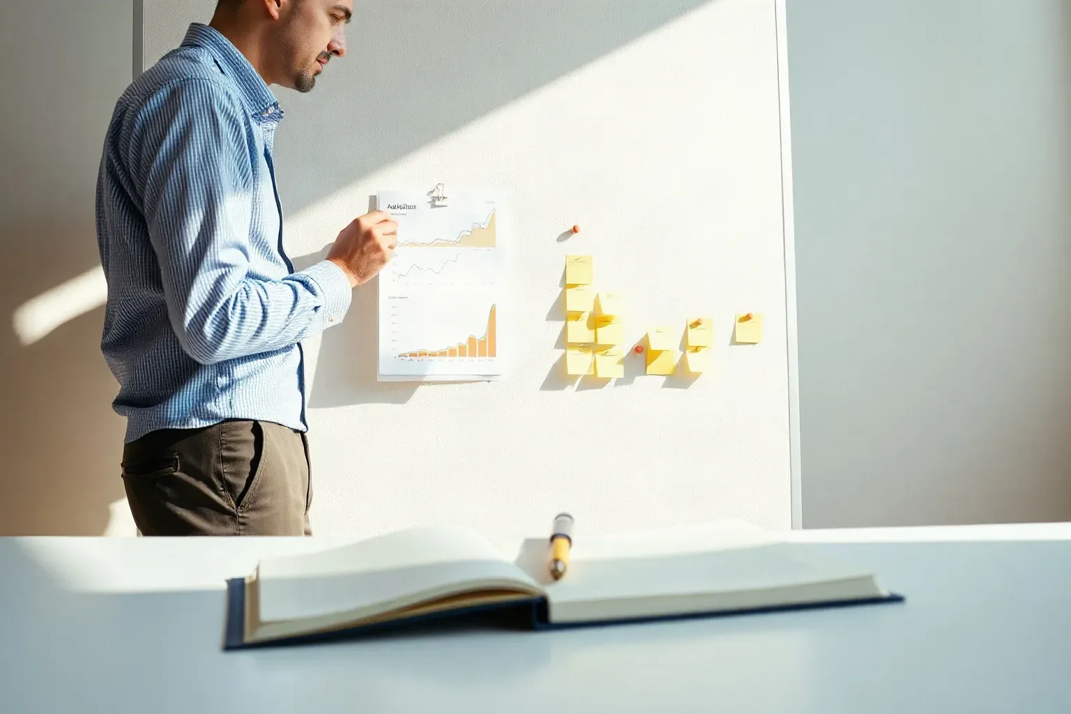 A person in a checked shirt stands at a pinboard, holding a printed chart document, with yellow sticky notes arranged nearby and an open notebook on a desk in the foreground