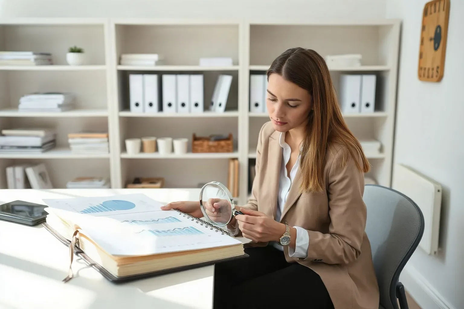 A marketing professional seated at a shelved workspace pulling a ring-bound notebook open to a hand-annotated section and pressing a magnifying glass onto a corresponding row in a printed analytics report spread flat beside it