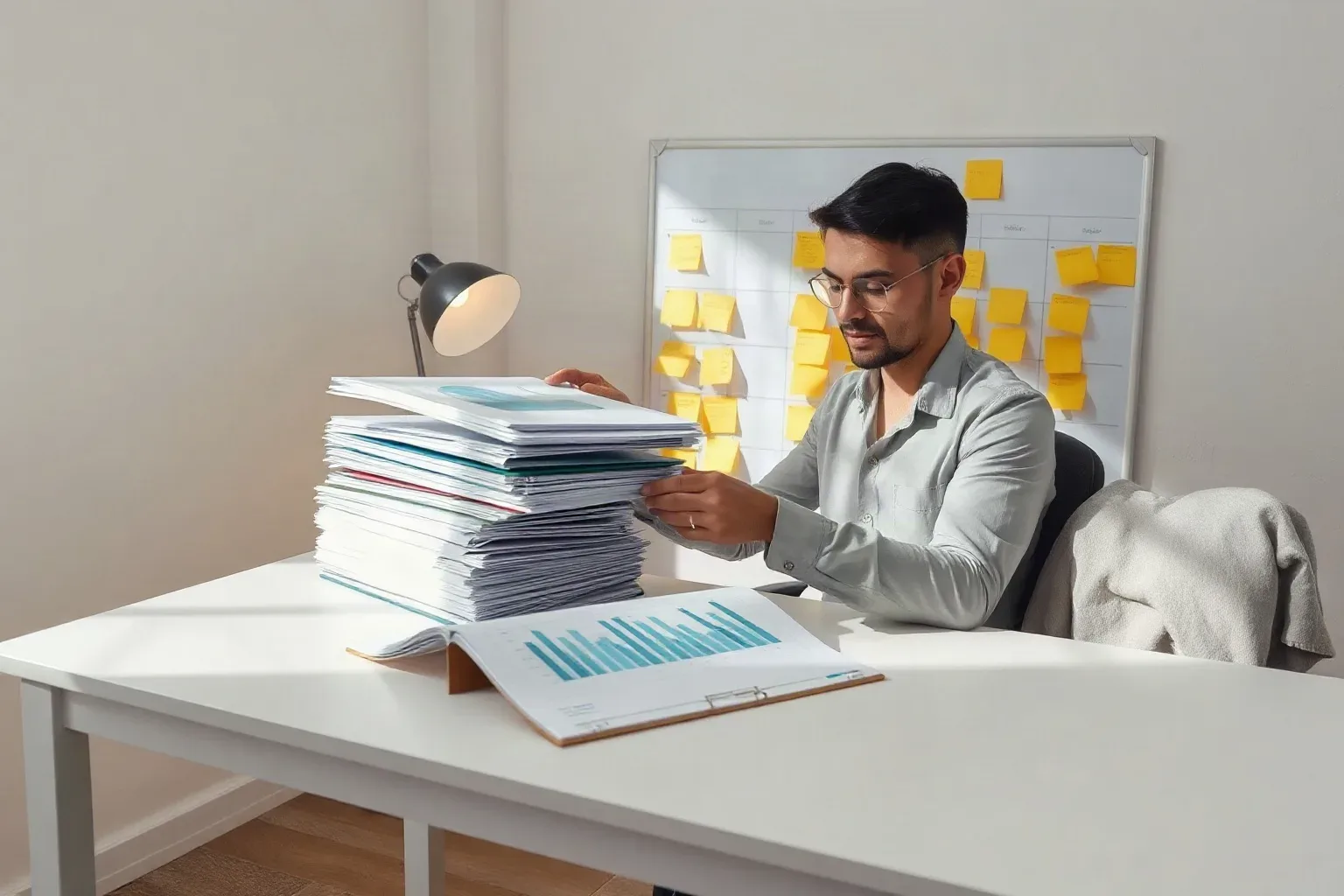 A small-business owner at a single-desk workspace stacking a completed tabbed folder onto a pile and opening the next folder while a printed bar-chart report lies open and annotated at the centre of the desk and sticky notes fill the planning board behind