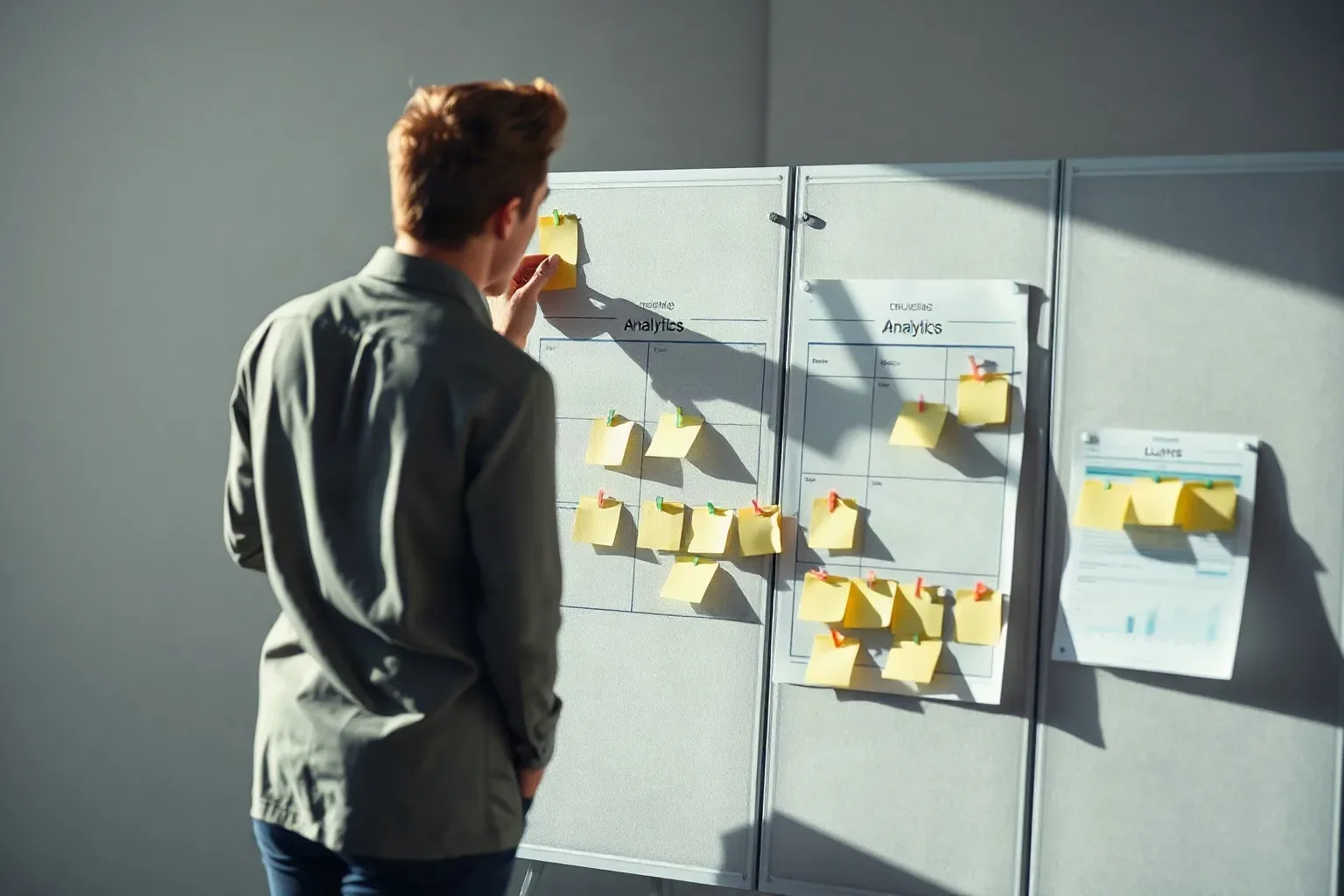 A person places a sticky note onto a pinboard covered in yellow sticky notes and printed sheets labelled Analytics