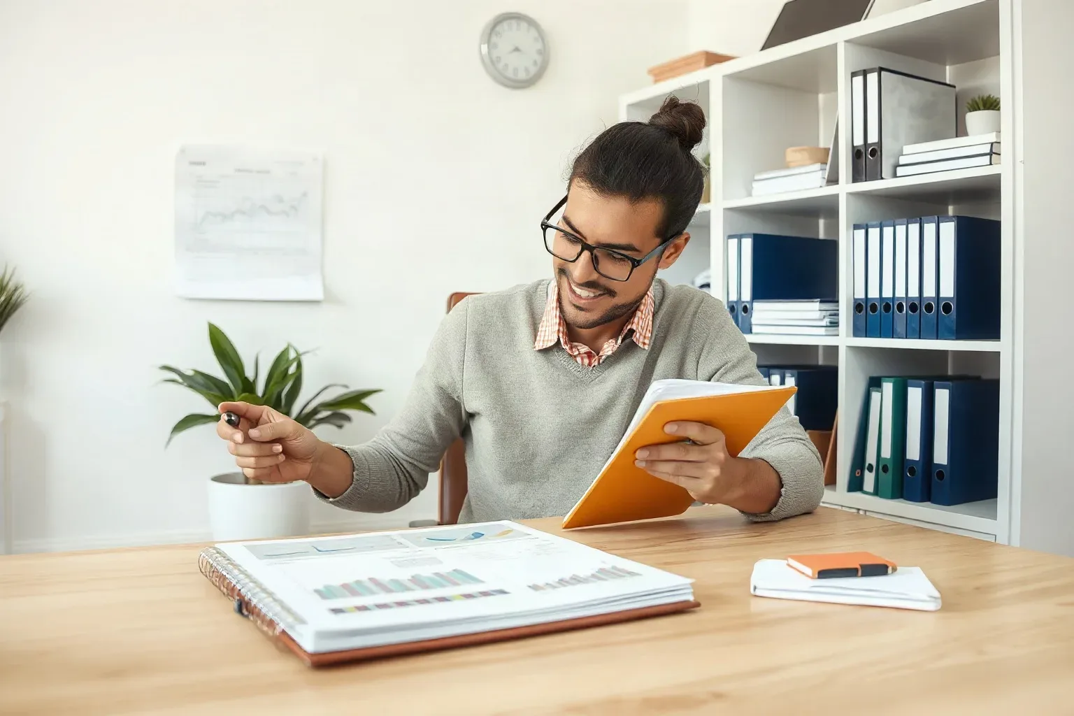 A small-business owner seated at a focused workspace using a pen to annotate a section of a printed line-chart report while a ring-bound notebook is held open in the other hand and stacked ring-bound notebooks sit within arm's reach on the shelving unit