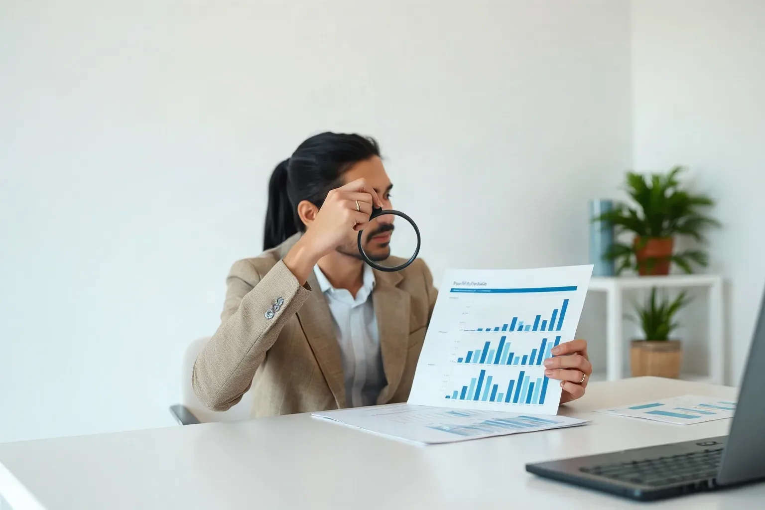 A small-business owner seated at a desk workspace pressing a magnifying glass over a printed report page of bar charts and writing a priority number beside each flagged section