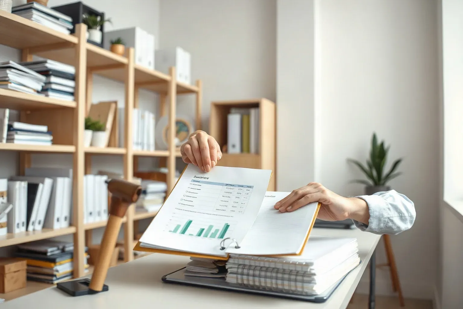 A person flips through a ring-bound folder containing a printed report with bar charts, on a desk beside stacked notebooks, with shelving in the background