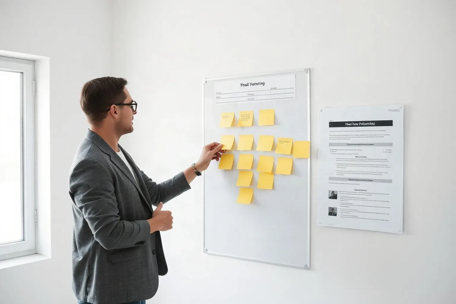 A person in a grey blazer arranges yellow sticky notes on a whiteboard mounted on a white wall