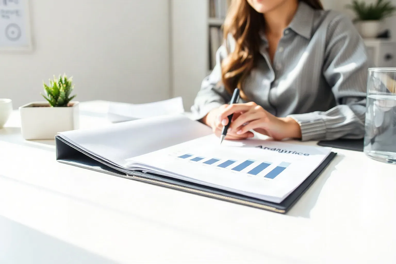 A marketing professional at a focused single-desk workspace laying a tabbed folder open and using a pen to circle tool names on a printed analytics report resting beside the folder