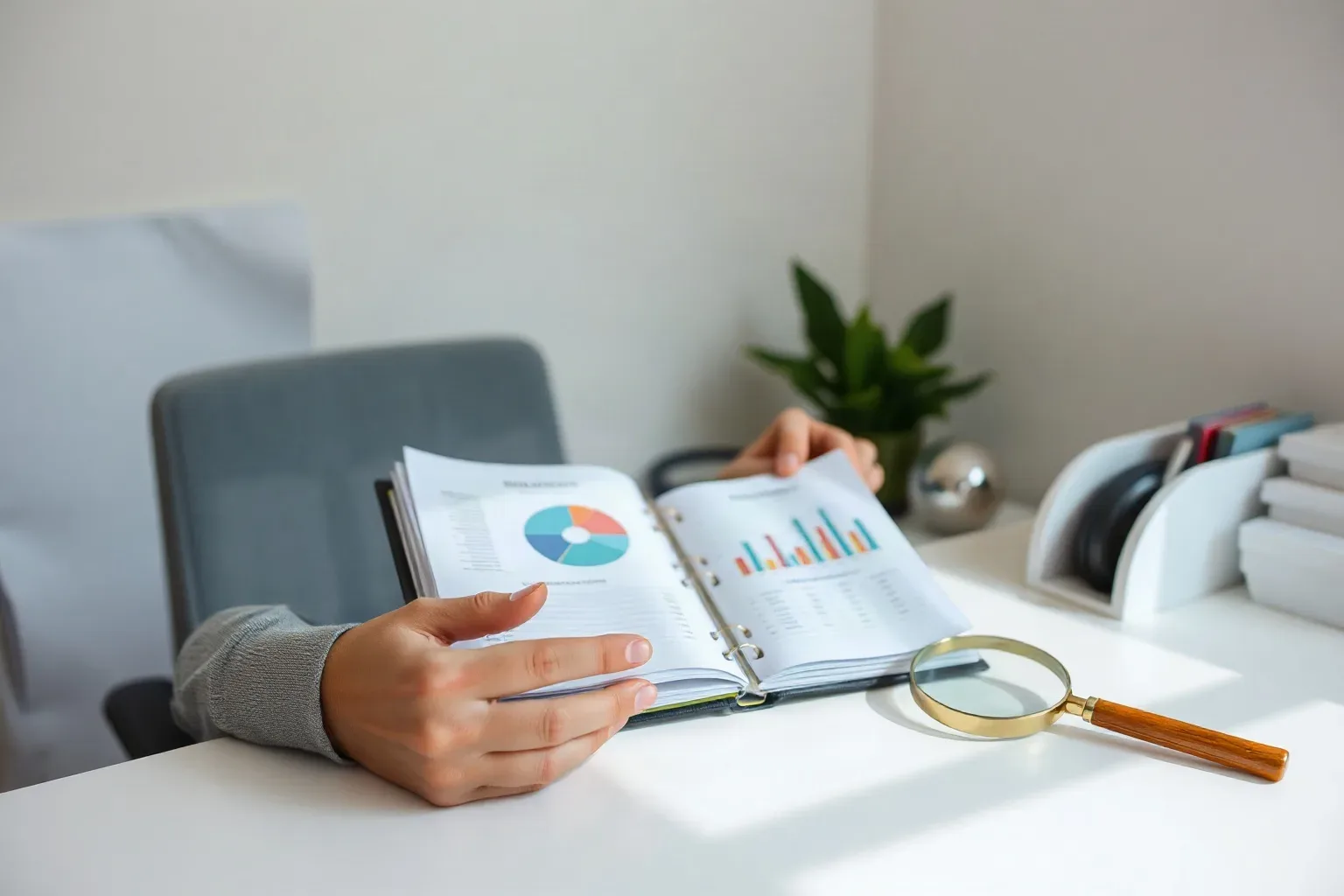 A small-business owner at a single-desk workspace pulling a ring-bound notebook from a stack and opening it to a budget-annotation page beside a printed bar-chart report while the magnifying glass rests to one side
