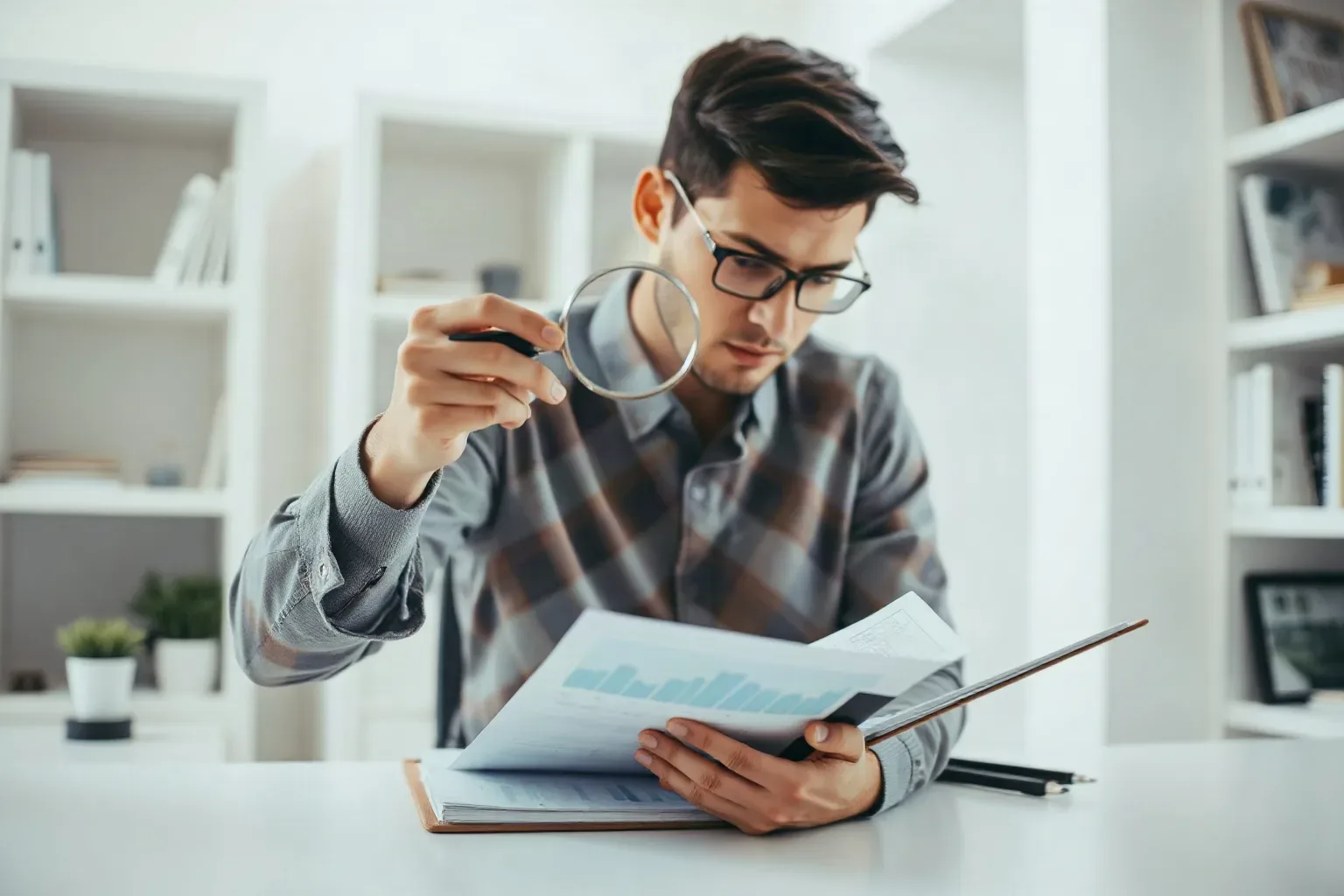 A marketing professional at a shelved workspace lifting a magnifying glass from a printed analytics report and turning it toward a page in an open tabbed folder to examine a checklist entry more closely