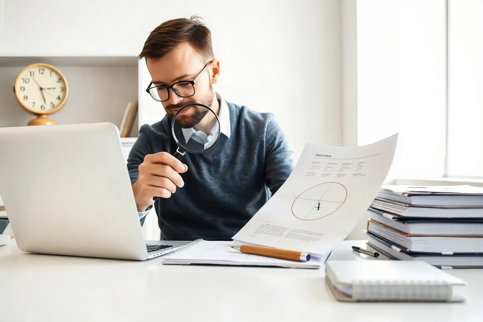A person wearing glasses holds a magnifying glass up to a printed document at a tidy desk with a laptop, stacked papers, and a clock in the background