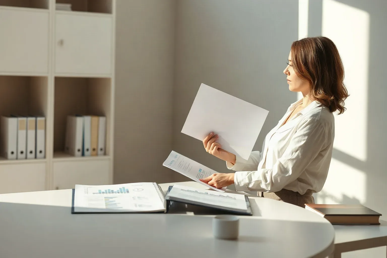 A marketing professional at a shelved workspace lifting a tabbed folder from a stack and cross-referencing its contents with a printed bar-chart report laid flat on the desk