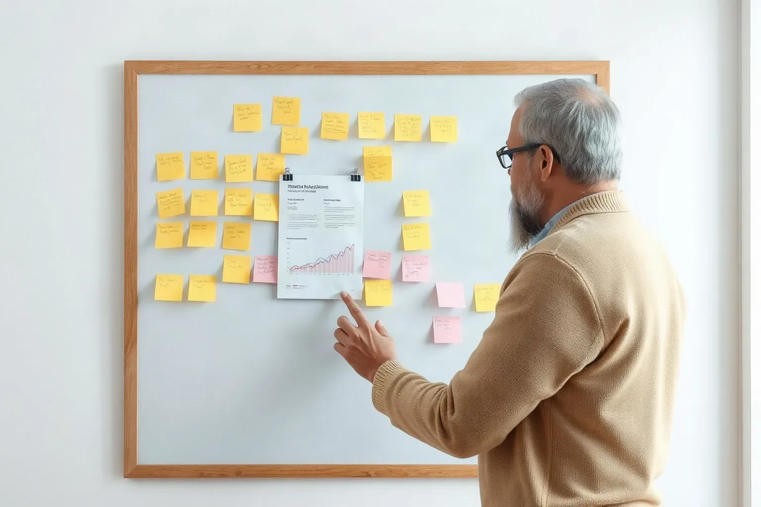 A person with grey hair and a beard points at a document pinned to a board covered in yellow and pink sticky notes